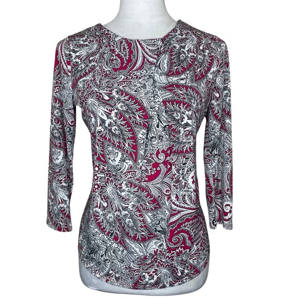 Liz Claiborne Career Burgundy Paisley Pleated 3/4 Sleeve Blouse Top Shirt Small - Picture 1 of 11